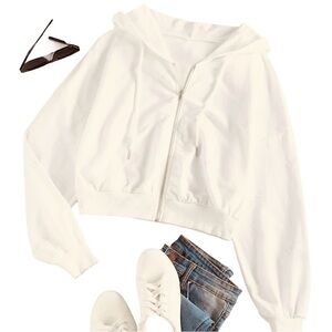 Zaful Off White Cropped Zip Hoodie Lightweight Cotton Blend Size M